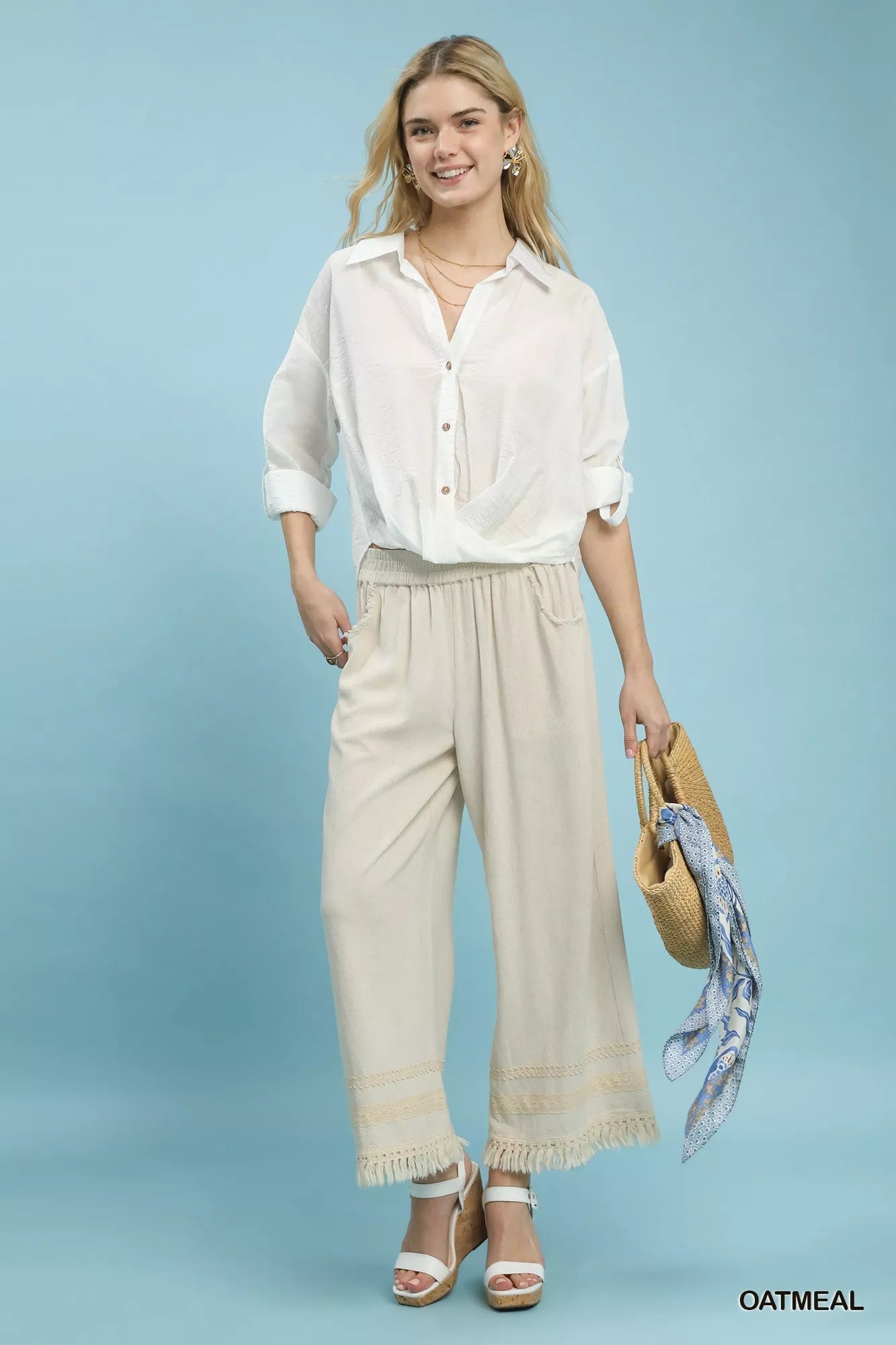 Umgee Lace Trim Fringe Hem Wide Leg Pants - | VivaMix StoreUmgee Lace Trim Fringe Hem Wide Leg Pants - VivaMix Store