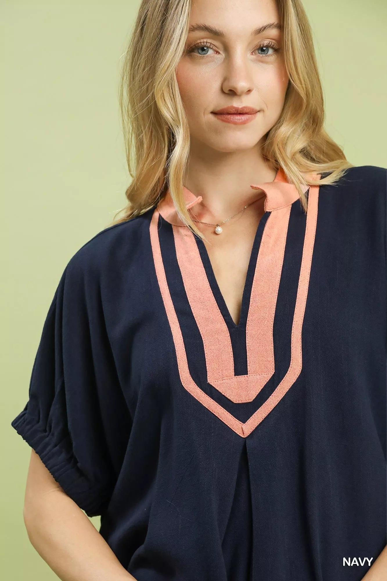 Umgee Linen Contrast Trim V - Neck Blouse - | VivaMix StoreUmgee Linen Contrast Trim V - Neck Blouse - VivaMix Store