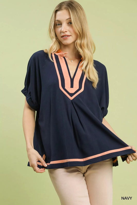 Umgee Linen Contrast Trim V - Neck Blouse - | VivaMix StoreUmgee Linen Contrast Trim V - Neck Blouse - VivaMix Store
