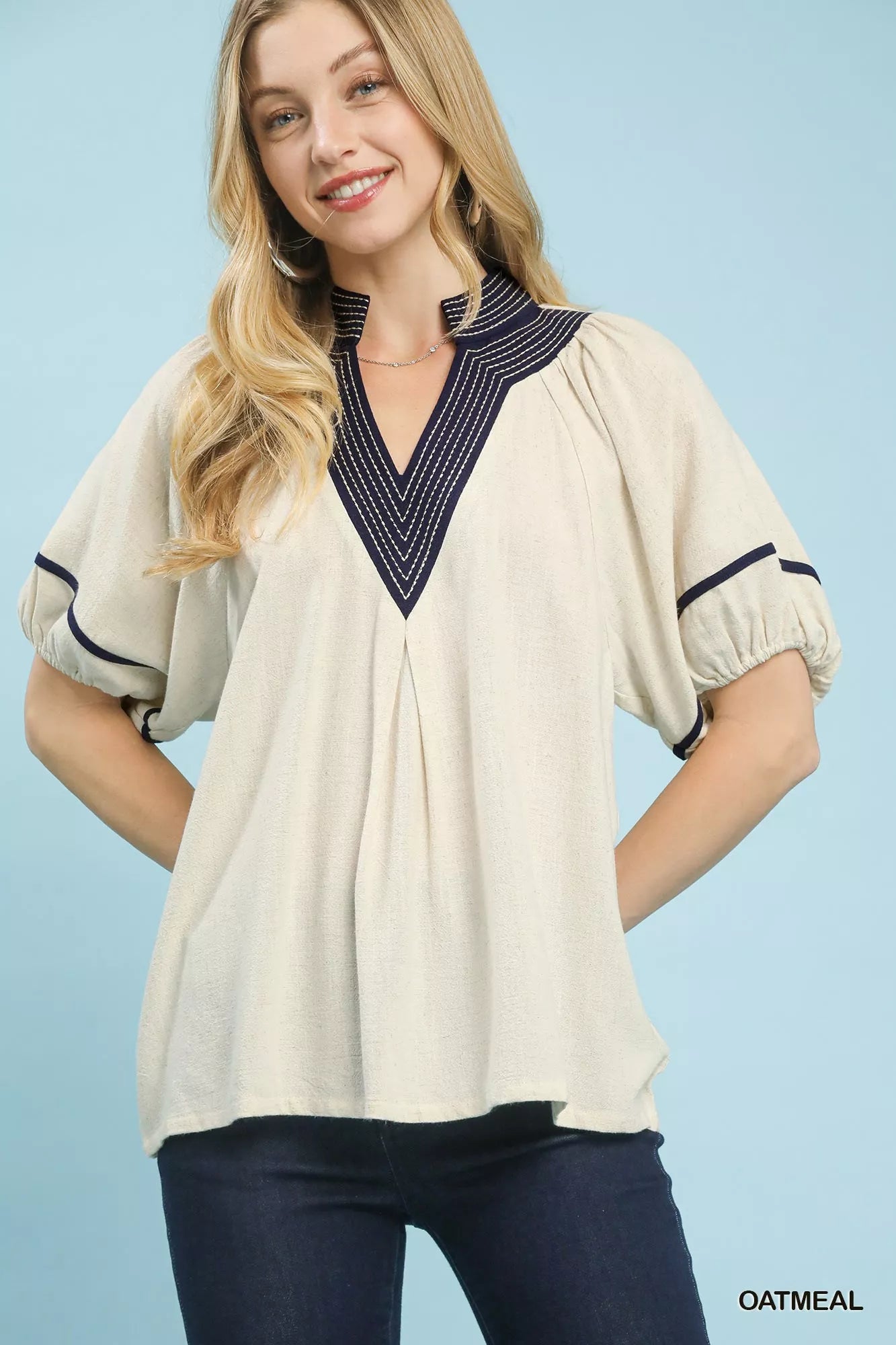 Umgee Linen Puff Sleeve Contrast Trim Top - | VivaMix StoreUmgee Linen Puff Sleeve Contrast Trim Top - VivaMix Store