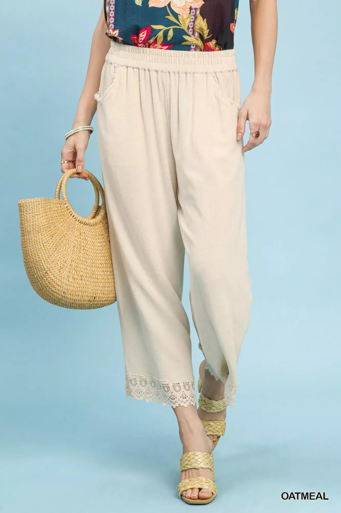 Umgee Linen Wide Leg Cropped Pants with Lace Trim - | VivaMix StoreUmgee Linen Wide Leg Cropped Pants with Lace Trim - VivaMix Store