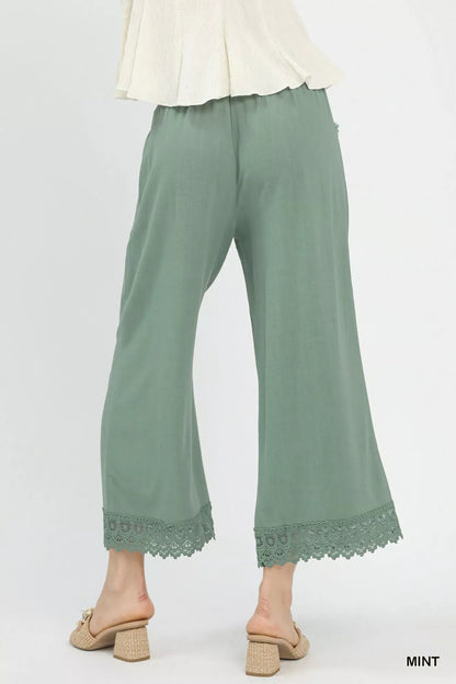 Umgee Linen Wide Leg Cropped Pants with Lace Trim - | VivaMix StoreUmgee Linen Wide Leg Cropped Pants with Lace Trim - VivaMix Store