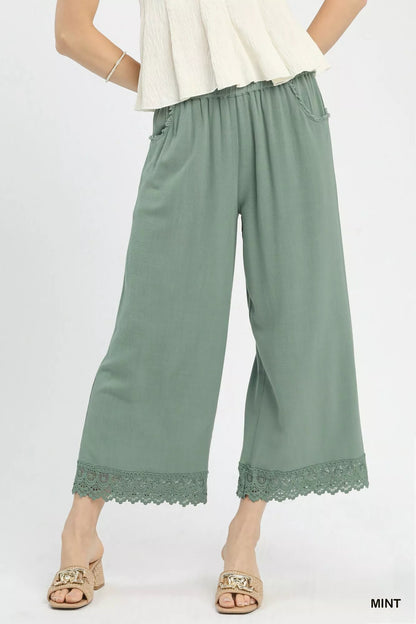 Umgee Linen Wide Leg Cropped Pants with Lace Trim - | VivaMix StoreUmgee Linen Wide Leg Cropped Pants with Lace Trim - VivaMix Store