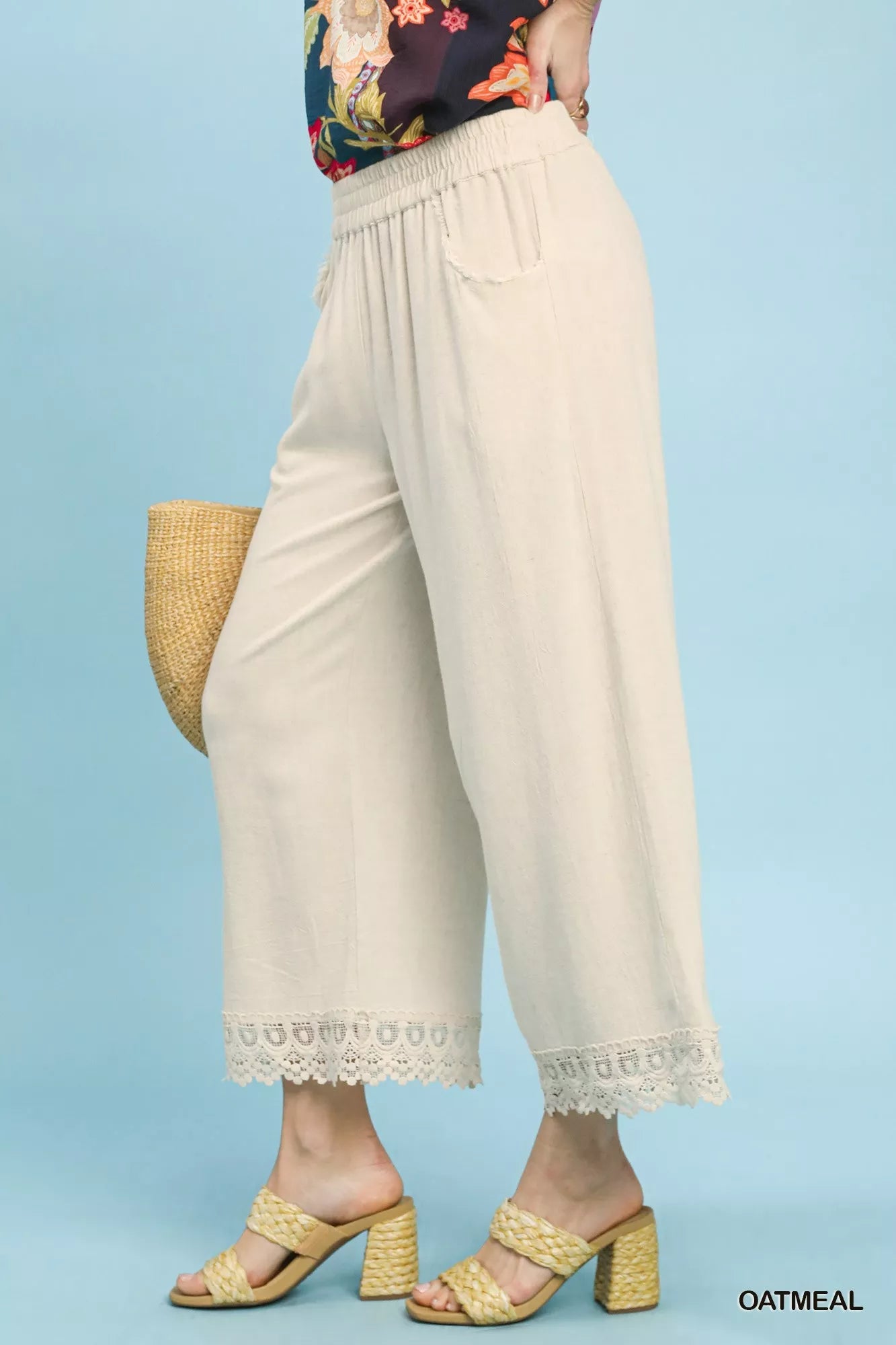 Umgee Linen Wide Leg Cropped Pants with Lace Trim - | VivaMix StoreUmgee Linen Wide Leg Cropped Pants with Lace Trim - VivaMix Store