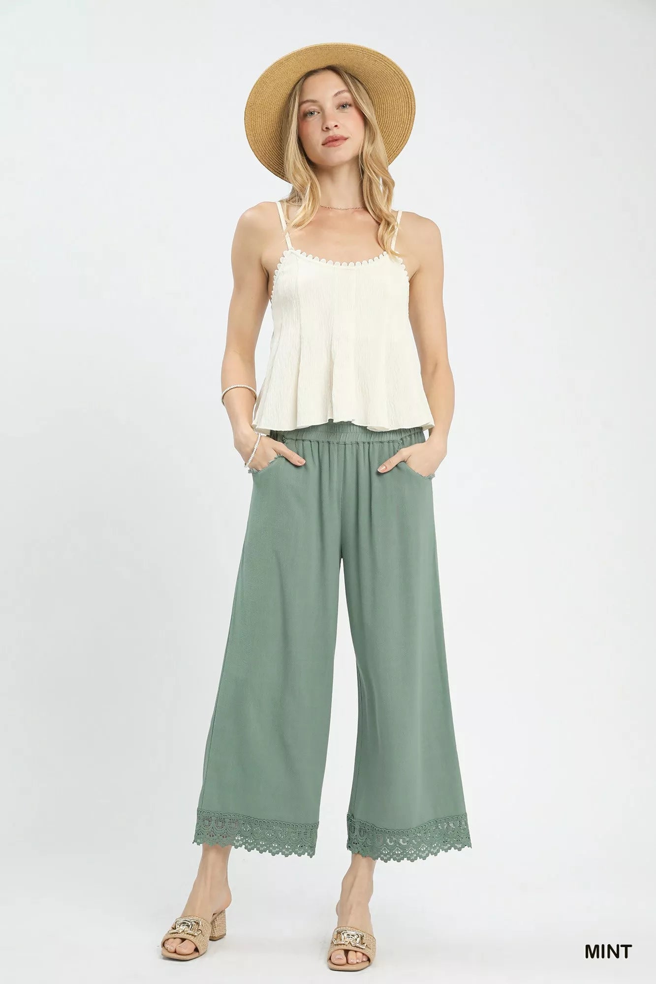 Umgee Linen Wide Leg Cropped Pants with Lace Trim - | VivaMix StoreUmgee Linen Wide Leg Cropped Pants with Lace Trim - VivaMix Store