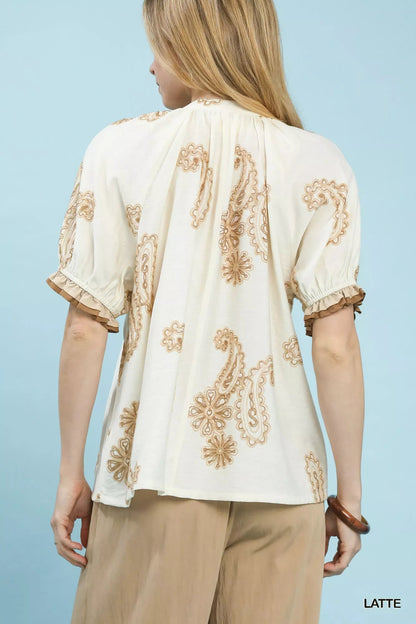 Umgee Paisley Embroidered Short Puff Sleeve Top - | VivaMix StoreUmgee Paisley Embroidered Short Puff Sleeve Top - VivaMix Store