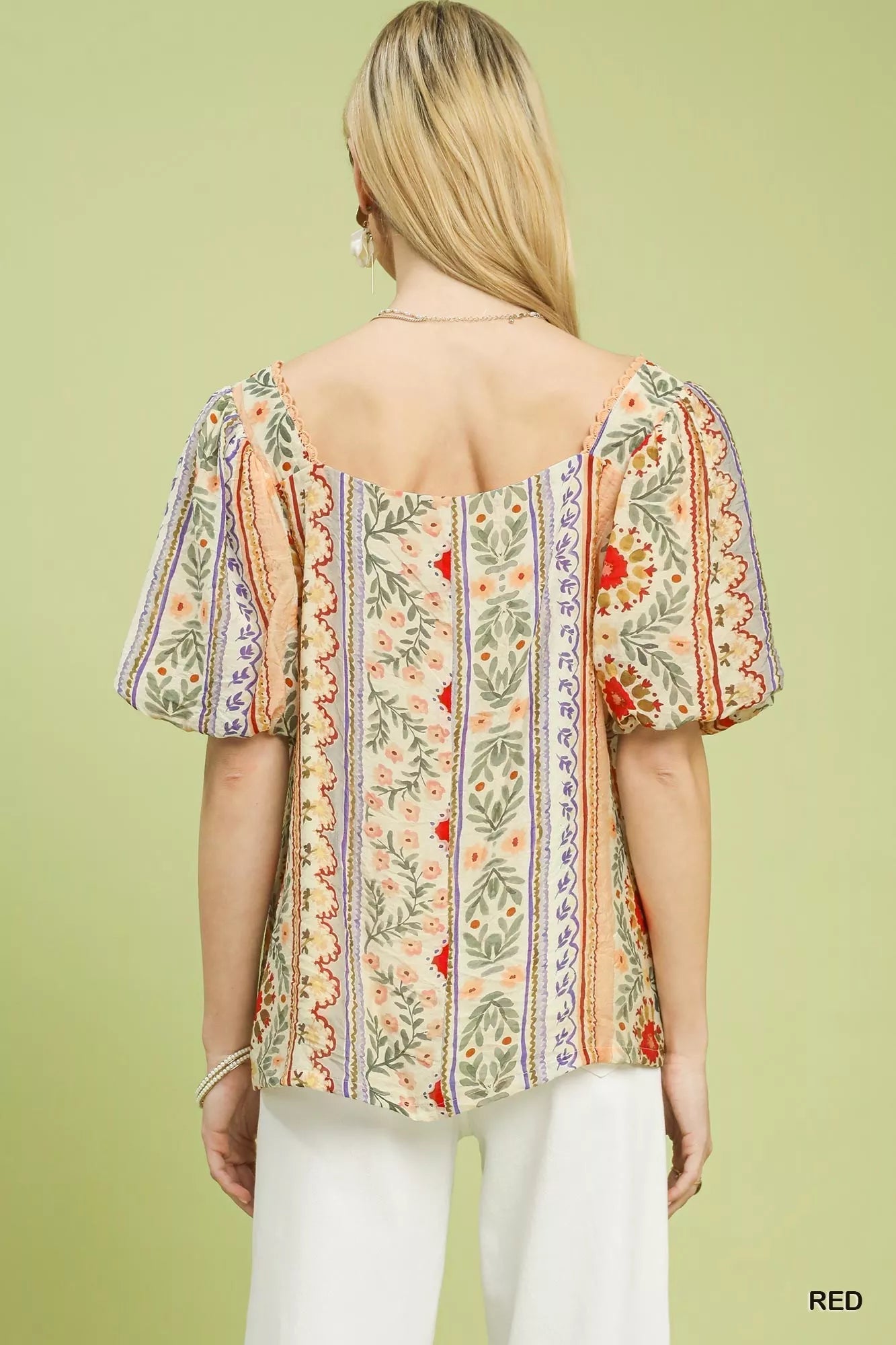 Umgee Patchwork Puff Sleeve Smocked Blouse - | VivaMix StoreUmgee Patchwork Puff Sleeve Smocked Blouse - VivaMix Store