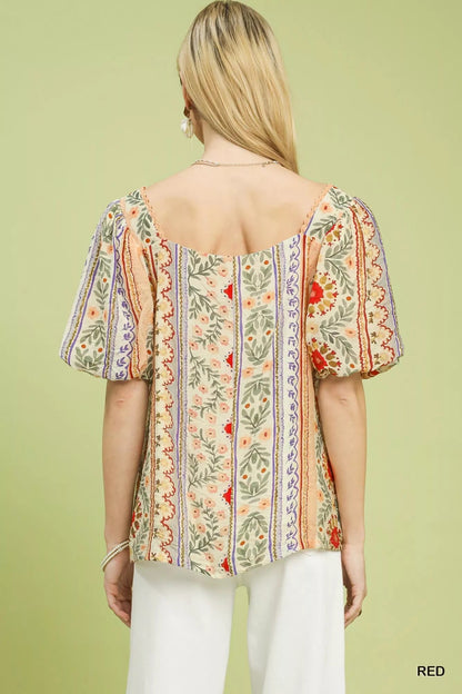 Umgee Patchwork Puff Sleeve Smocked Blouse - | VivaMix StoreUmgee Patchwork Puff Sleeve Smocked Blouse - VivaMix Store