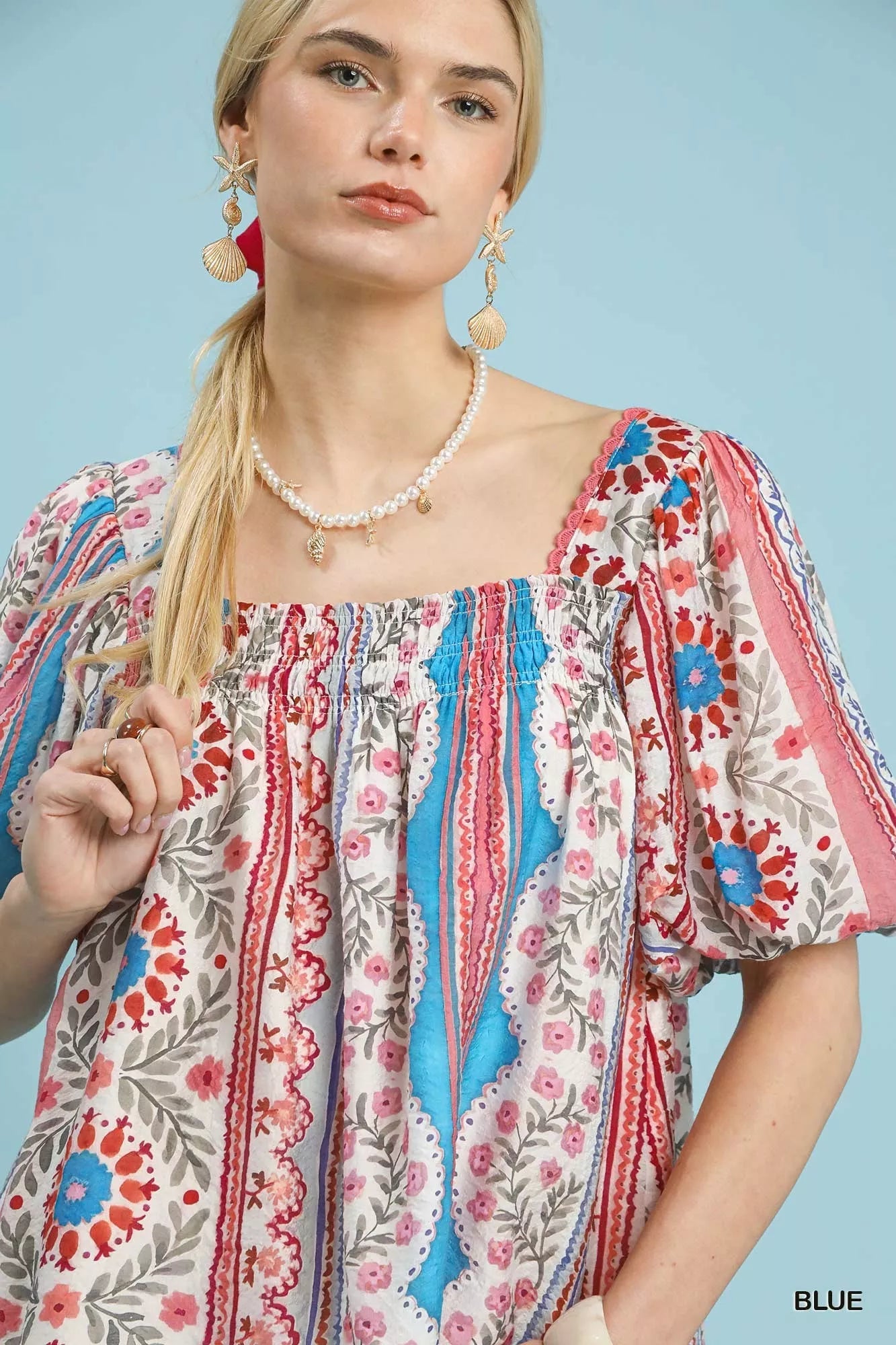 Umgee Patchwork Puff Sleeve Smocked Blouse - | VivaMix StoreUmgee Patchwork Puff Sleeve Smocked Blouse - VivaMix Store