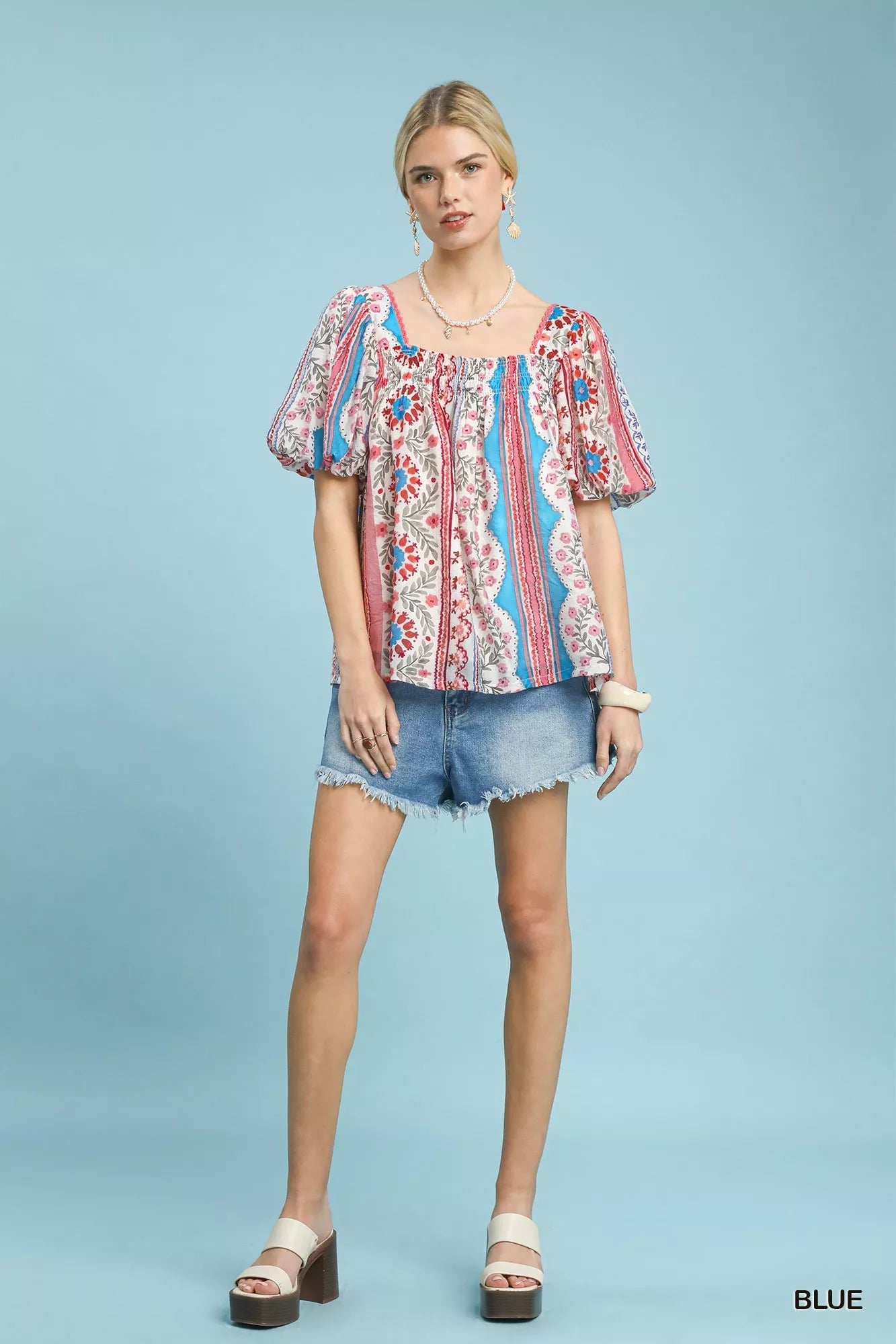 Umgee Patchwork Puff Sleeve Smocked Blouse - | VivaMix StoreUmgee Patchwork Puff Sleeve Smocked Blouse - VivaMix Store