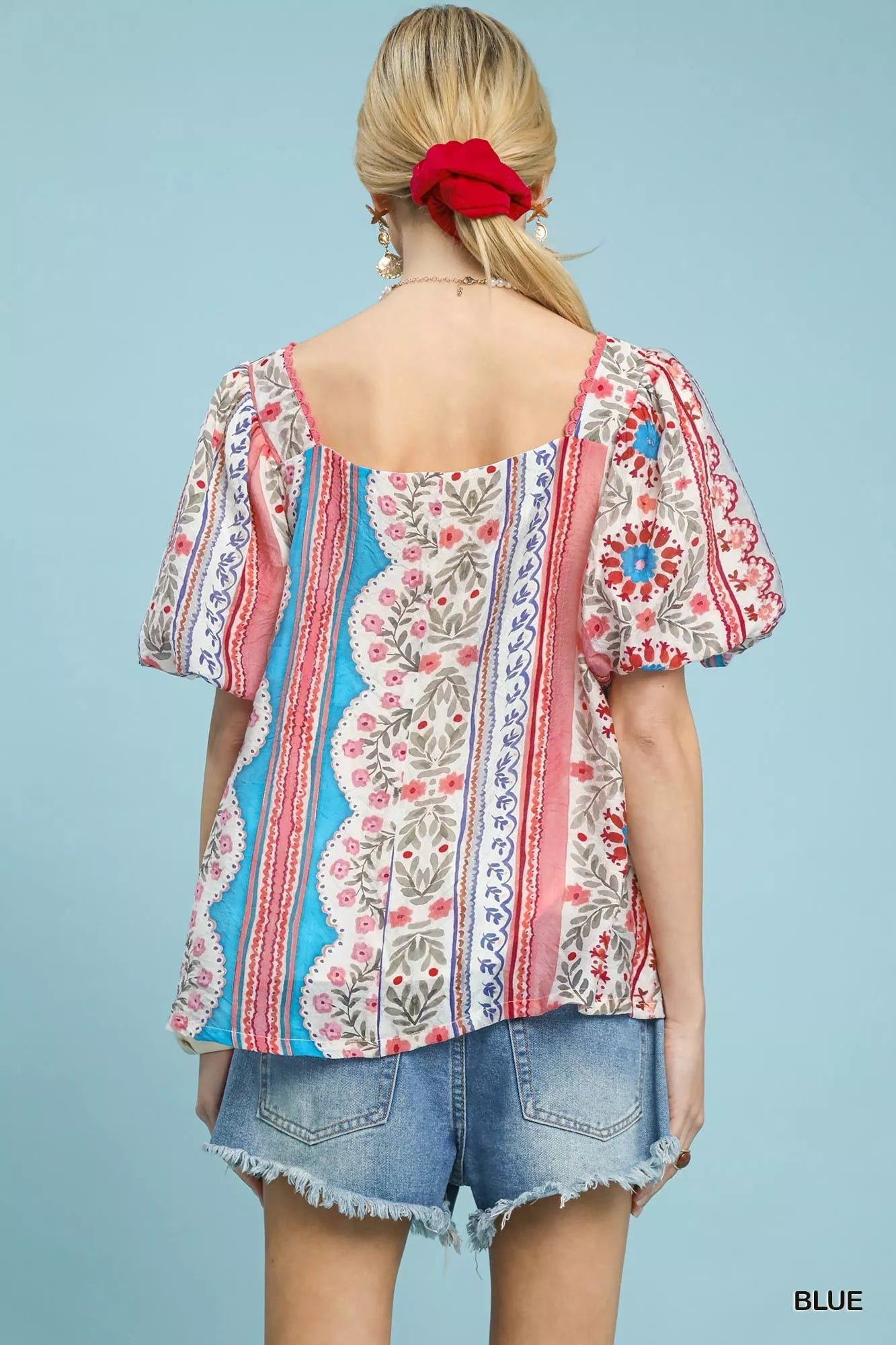 Umgee Patchwork Puff Sleeve Smocked Blouse - | VivaMix StoreUmgee Patchwork Puff Sleeve Smocked Blouse - VivaMix Store