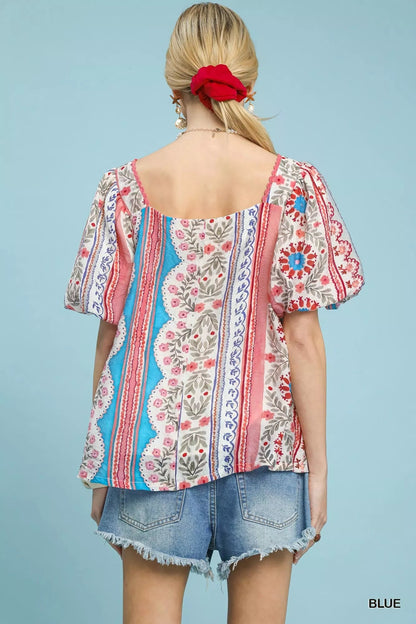 Umgee Patchwork Puff Sleeve Smocked Blouse - | VivaMix StoreUmgee Patchwork Puff Sleeve Smocked Blouse - VivaMix Store