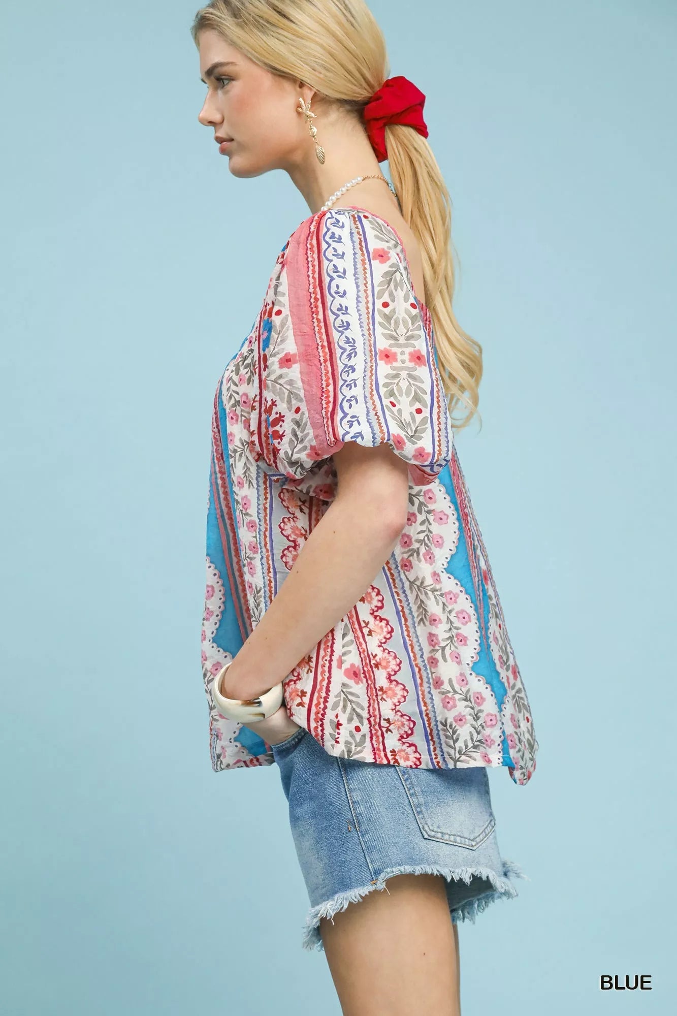 Umgee Patchwork Puff Sleeve Smocked Blouse - | VivaMix StoreUmgee Patchwork Puff Sleeve Smocked Blouse - VivaMix Store