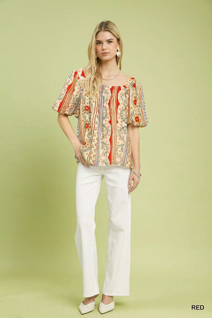 Umgee Patchwork Puff Sleeve Smocked Blouse - | VivaMix StoreUmgee Patchwork Puff Sleeve Smocked Blouse - VivaMix Store