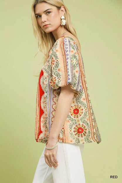 Umgee Patchwork Puff Sleeve Smocked Blouse - | VivaMix StoreUmgee Patchwork Puff Sleeve Smocked Blouse - VivaMix Store