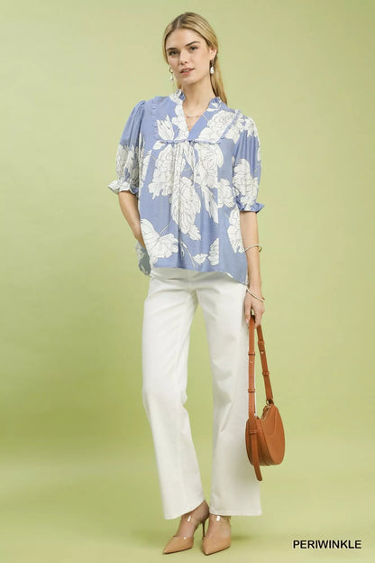 Umgee Peony Illustration Print Top with Scalloped Trim - | VivaMix StoreUmgee Peony Illustration Print Top with Scalloped Trim - VivaMix Store