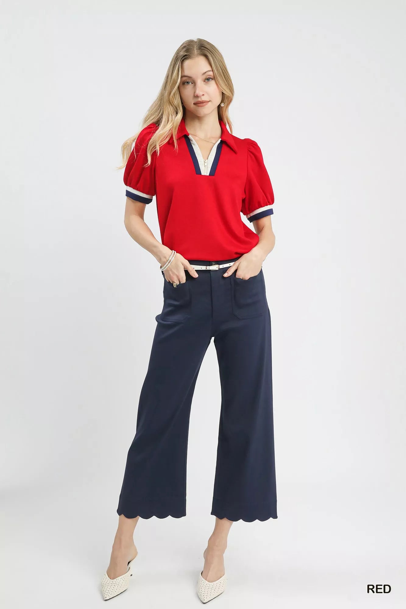 Umgee Puff Sleeve Zip Front Top with Contrast Striped Trim - | VivaMix StoreUmgee Puff Sleeve Zip Front Top with Contrast Striped Trim - VivaMix Store