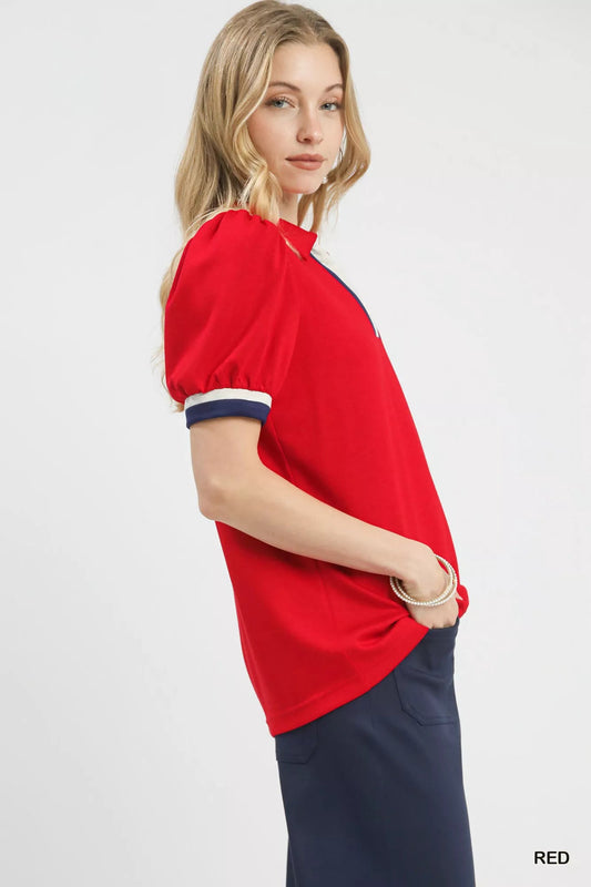 Umgee Puff Sleeve Zip Front Top with Contrast Striped Trim - | VivaMix StoreUmgee Puff Sleeve Zip Front Top with Contrast Striped Trim - VivaMix Store