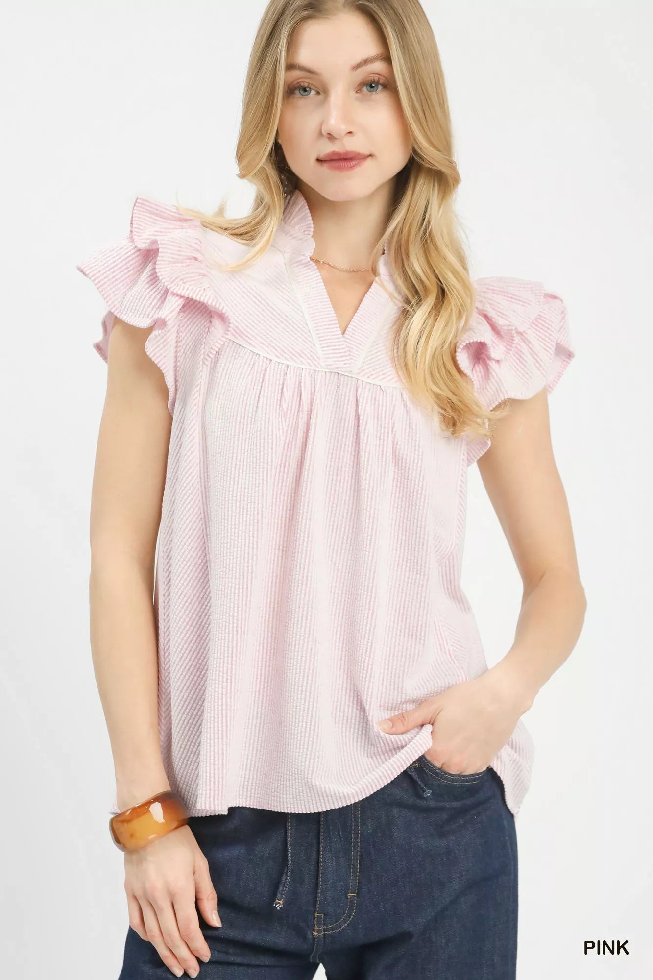 Umgee Ruffled Sleeve Textured Blouse - | VivaMix StoreUmgee Ruffled Sleeve Textured Blouse - VivaMix Store