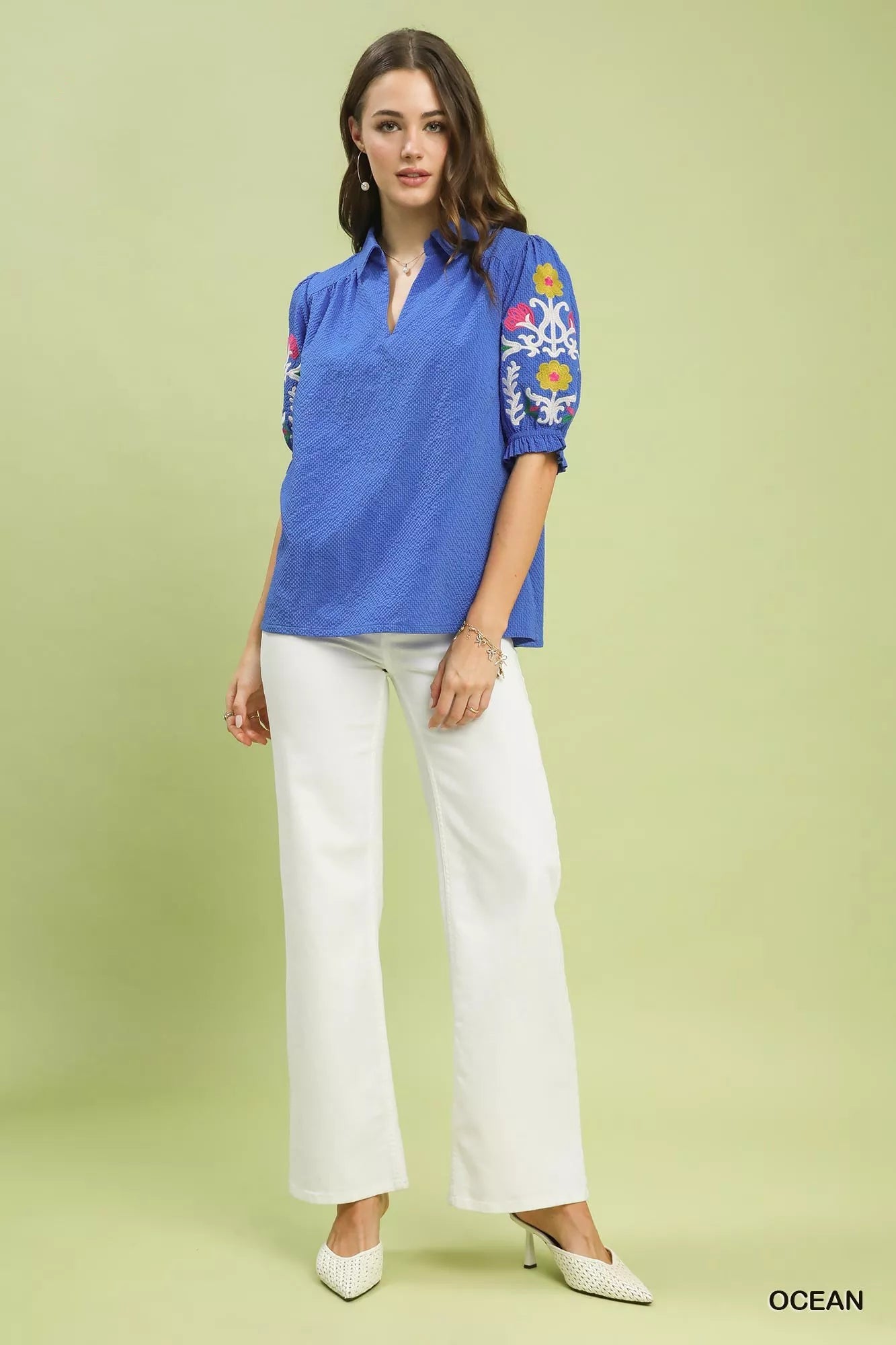 Umgee Seersucker Embroidered Sleeve Blouse - | VivaMix StoreUmgee Seersucker Embroidered Sleeve Blouse - VivaMix Store