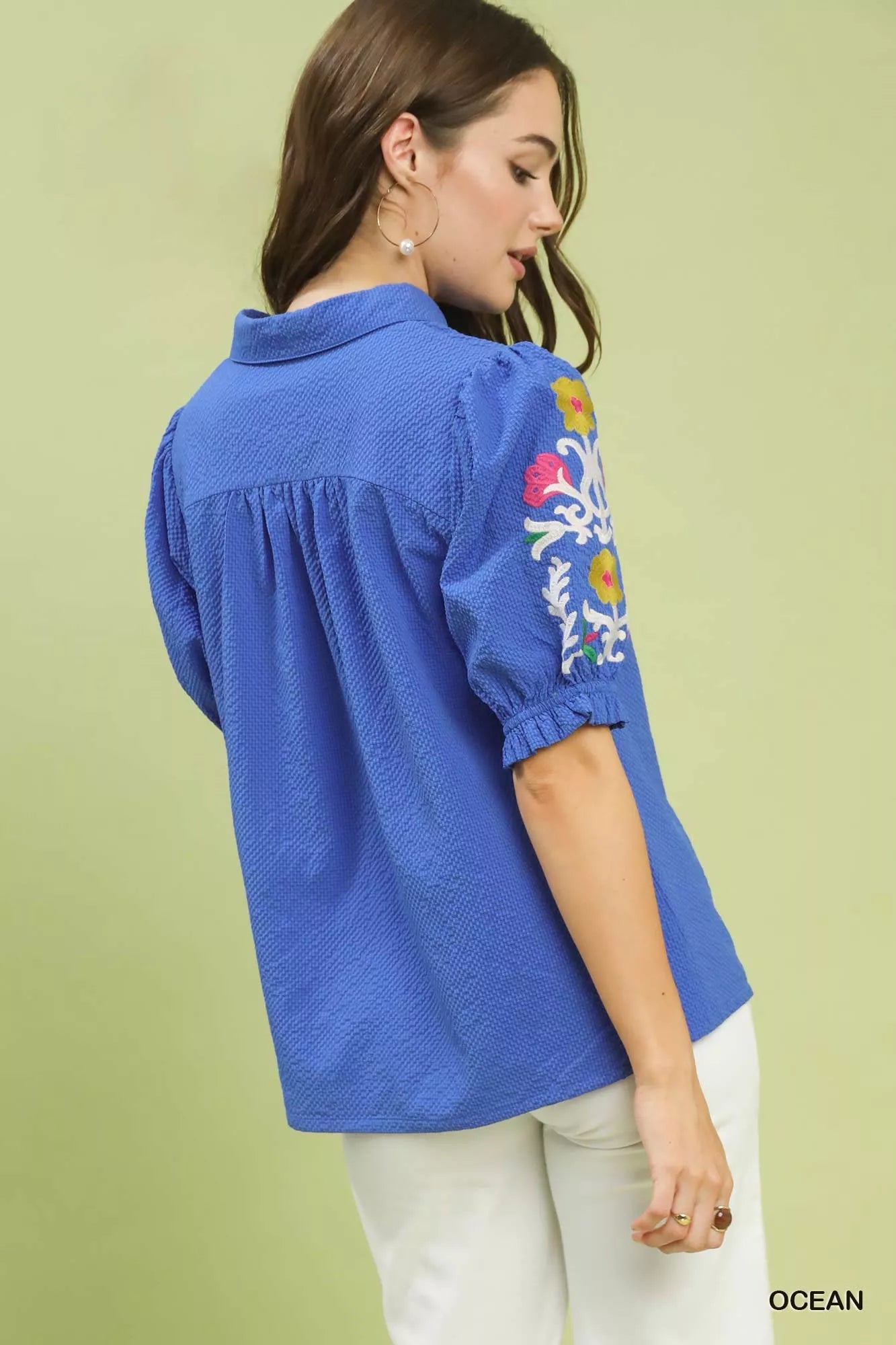 Umgee Seersucker Embroidered Sleeve Blouse - | VivaMix StoreUmgee Seersucker Embroidered Sleeve Blouse - VivaMix Store