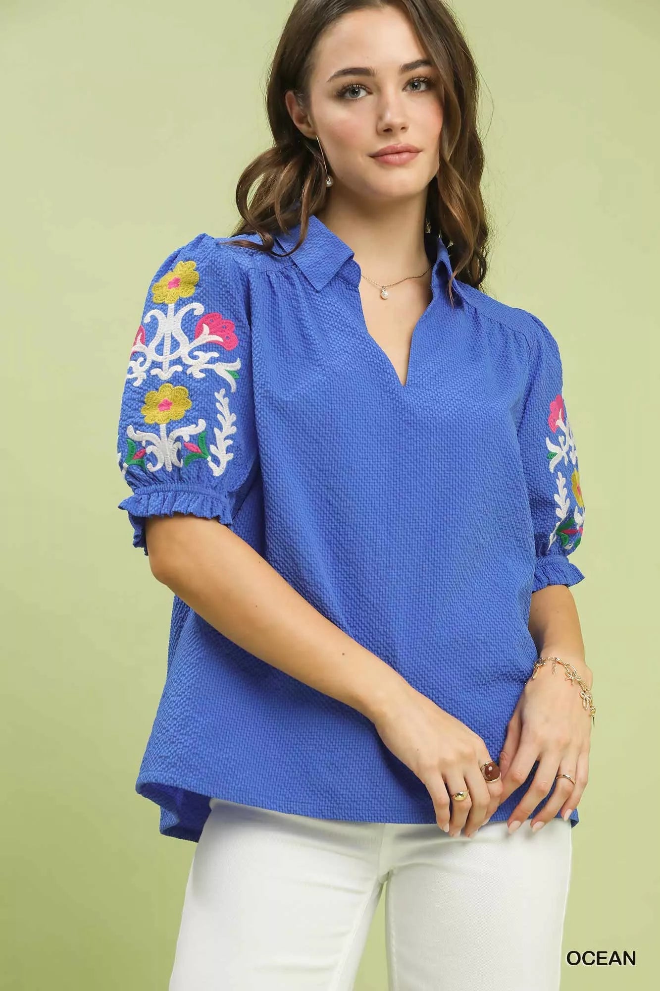 Umgee Seersucker Embroidered Sleeve Blouse - | VivaMix StoreUmgee Seersucker Embroidered Sleeve Blouse - VivaMix Store