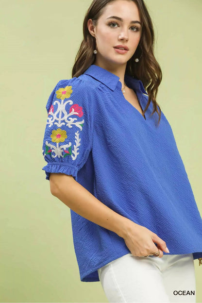 Umgee Seersucker Embroidered Sleeve Blouse - | VivaMix StoreUmgee Seersucker Embroidered Sleeve Blouse - VivaMix Store