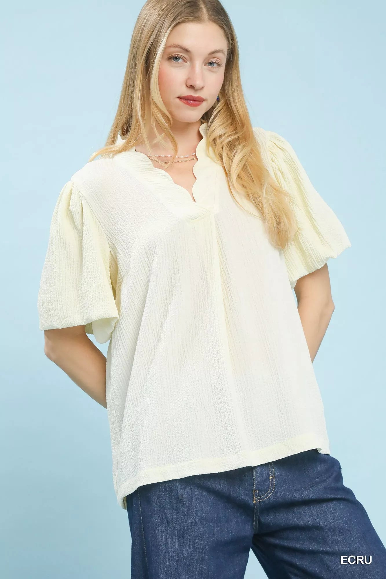 Umgee Seersucker Puff Sleeve Blouse - | VivaMix StoreUmgee Seersucker Puff Sleeve Blouse - VivaMix Store