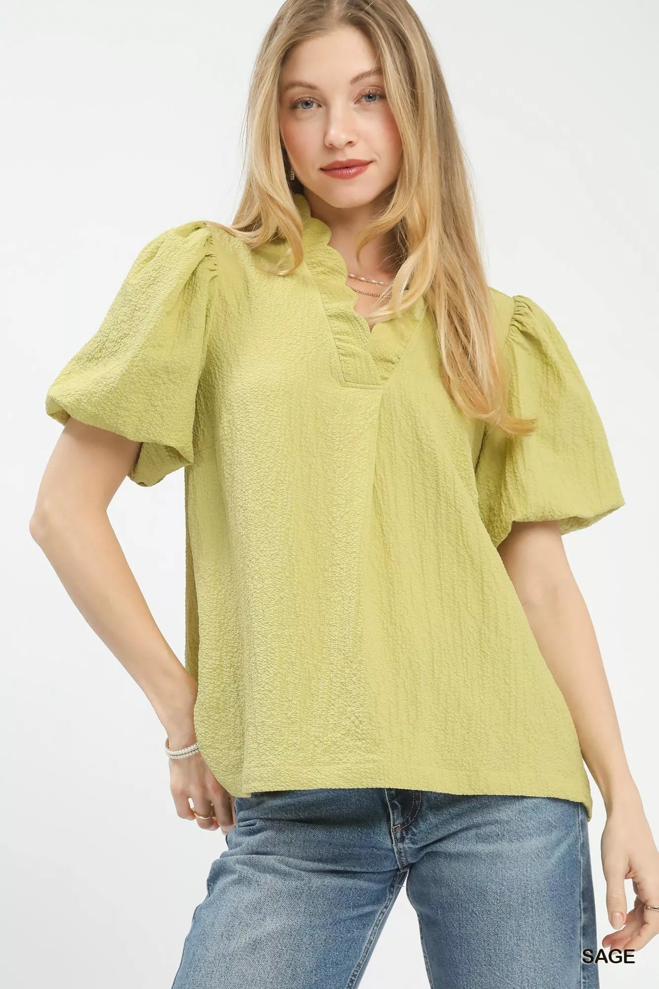 Umgee Seersucker Puff Sleeve Blouse - | VivaMix StoreUmgee Seersucker Puff Sleeve Blouse - VivaMix Store
