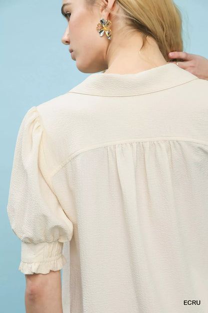 Umgee Seersucker Puff Sleeve Blouse - | VivaMix StoreUmgee Seersucker Puff Sleeve Blouse - VivaMix Store