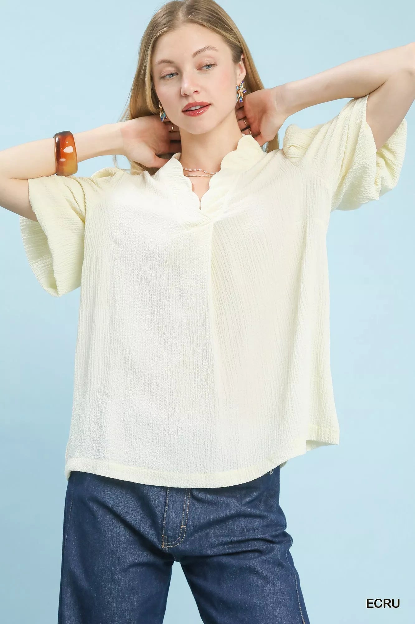 Umgee Seersucker Puff Sleeve Blouse - | VivaMix StoreUmgee Seersucker Puff Sleeve Blouse - VivaMix Store