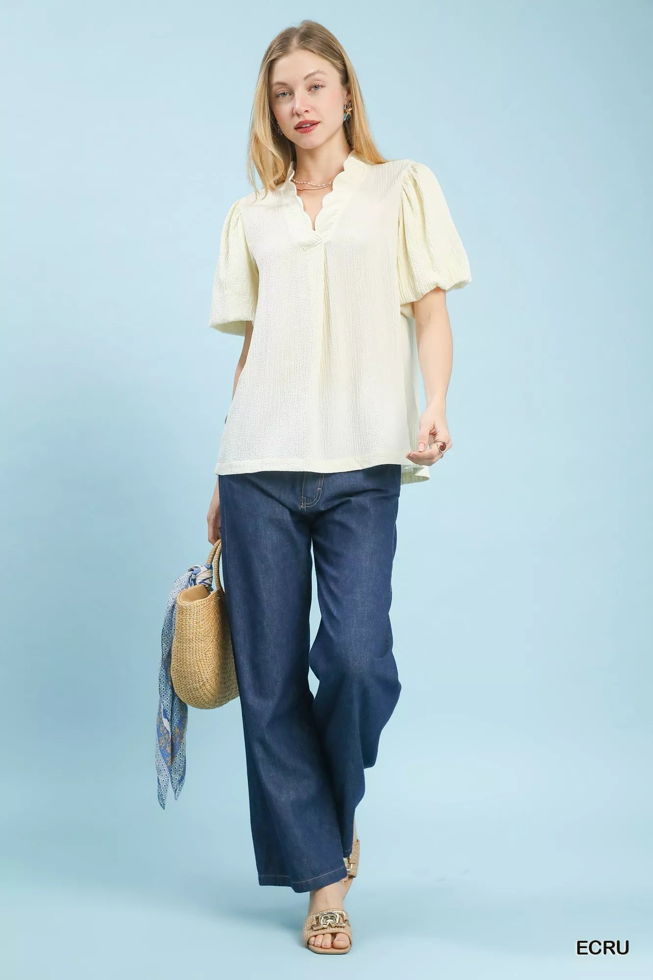 Umgee Seersucker Puff Sleeve Blouse - | VivaMix StoreUmgee Seersucker Puff Sleeve Blouse - VivaMix Store