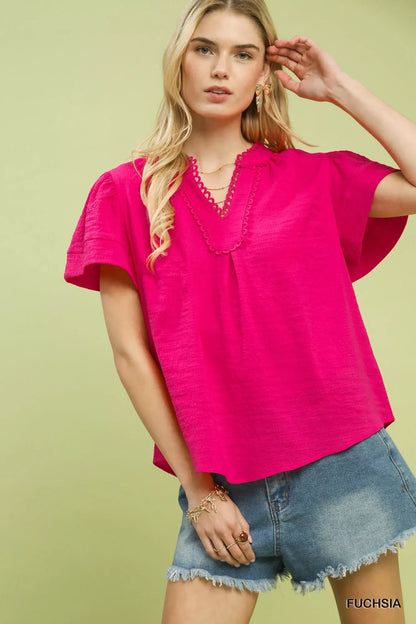 Umgee Seersucker Short Sleeve Top with Lace Trim - | VivaMix StoreUmgee Seersucker Short Sleeve Top with Lace Trim - VivaMix Store