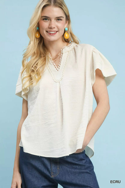 Umgee Seersucker Short Sleeve Top with Lace Trim - | VivaMix StoreUmgee Seersucker Short Sleeve Top with Lace Trim - VivaMix Store