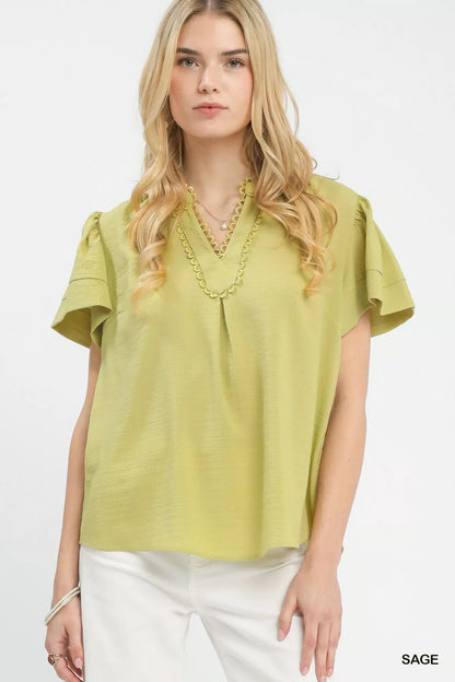Umgee Seersucker Short Sleeve Top with Lace Trim - | VivaMix StoreUmgee Seersucker Short Sleeve Top with Lace Trim - VivaMix Store