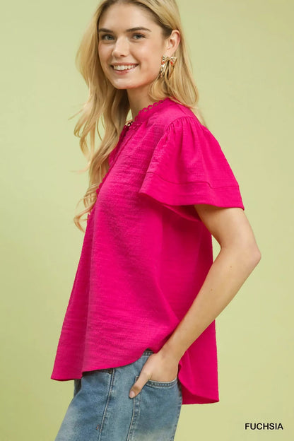 Umgee Seersucker Short Sleeve Top with Lace Trim - | VivaMix StoreUmgee Seersucker Short Sleeve Top with Lace Trim - VivaMix Store
