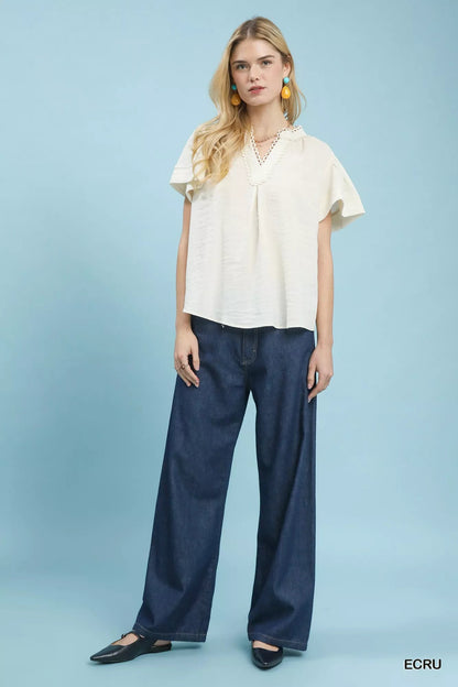 Umgee Seersucker Short Sleeve Top with Lace Trim - | VivaMix StoreUmgee Seersucker Short Sleeve Top with Lace Trim - VivaMix Store