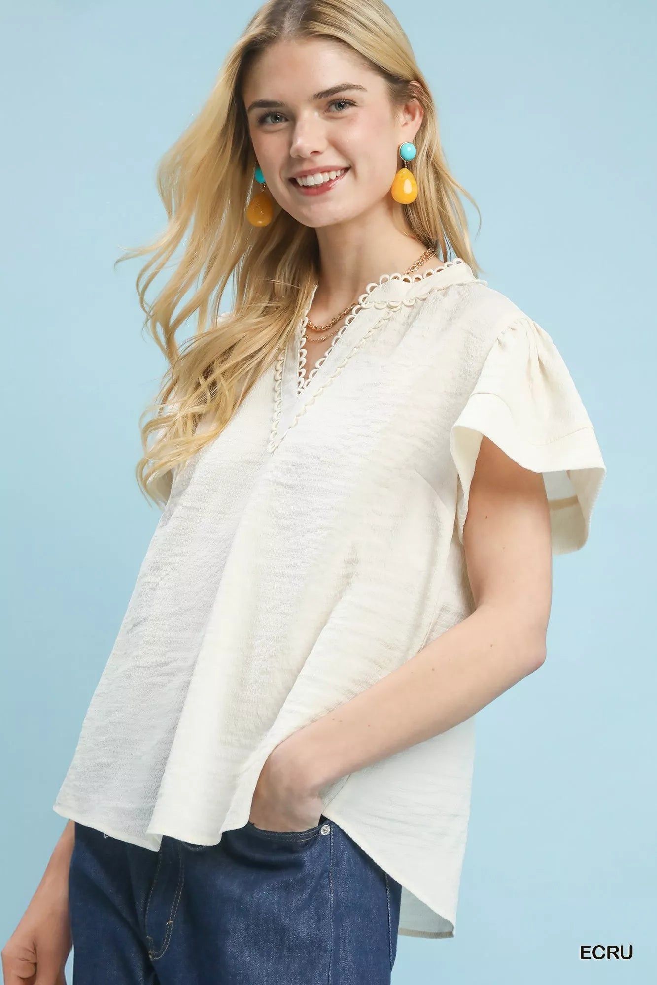 Umgee Seersucker Short Sleeve Top with Lace Trim - | VivaMix StoreUmgee Seersucker Short Sleeve Top with Lace Trim - VivaMix Store