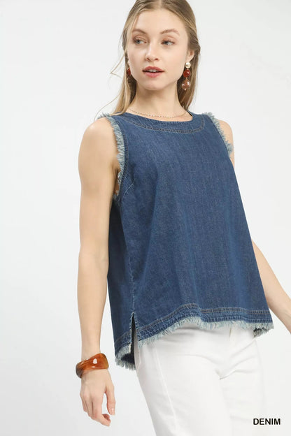 Umgee Sleeveless Fringe Hem Denim Top - | VivaMix StoreUmgee Sleeveless Fringe Hem Denim Top - VivaMix Store
