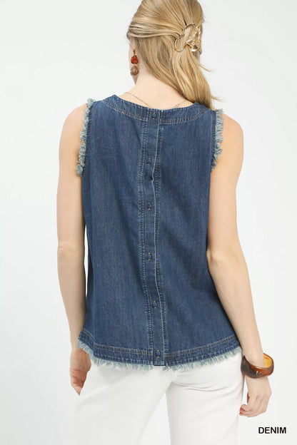 Umgee Sleeveless Fringe Hem Denim Top - | VivaMix StoreUmgee Sleeveless Fringe Hem Denim Top - VivaMix Store