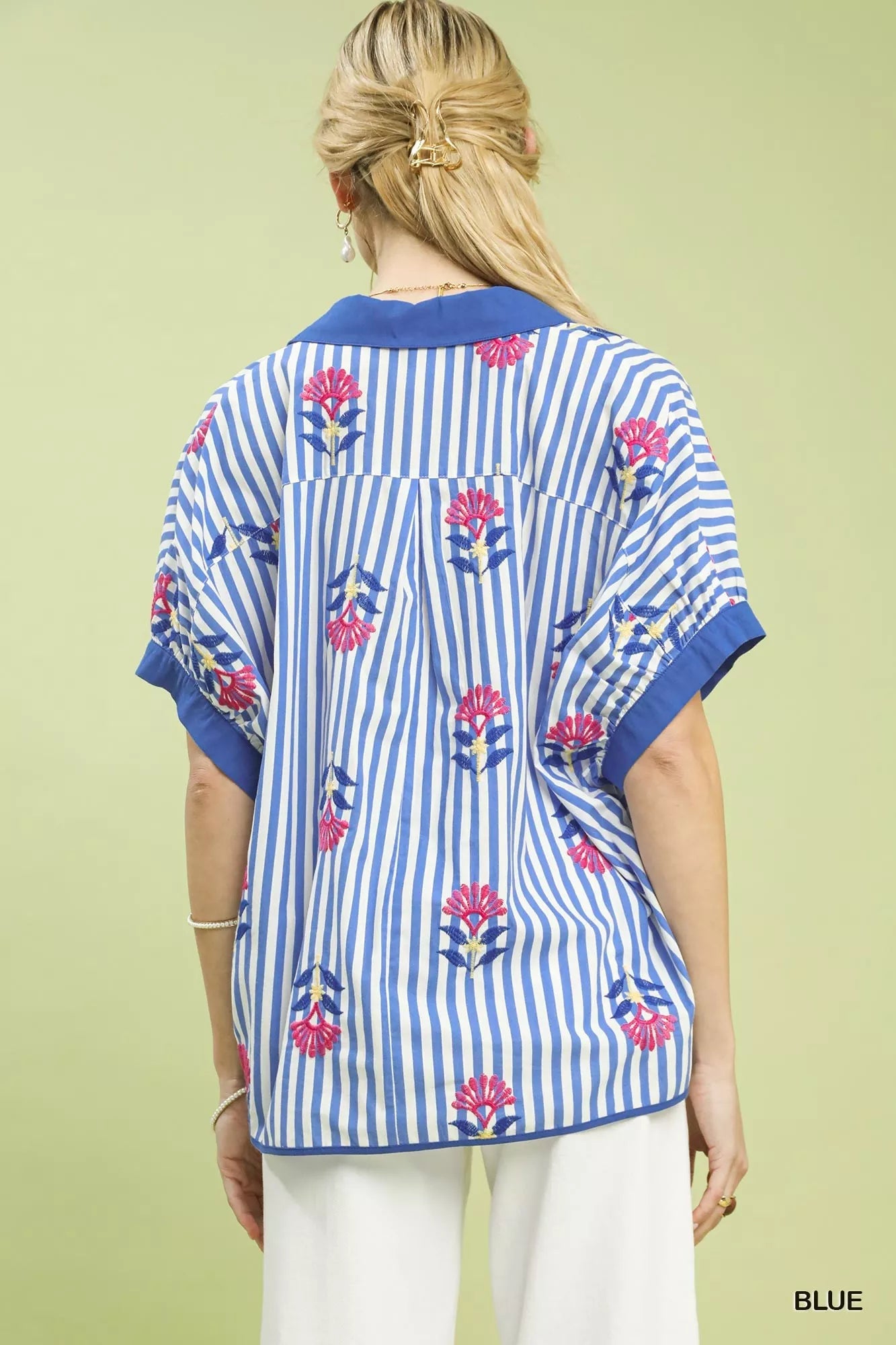 Umgee Stripe Embroidered Button - Front Boho Blouse - | VivaMix StoreUmgee Stripe Embroidered Button - Front Boho Blouse - VivaMix Store