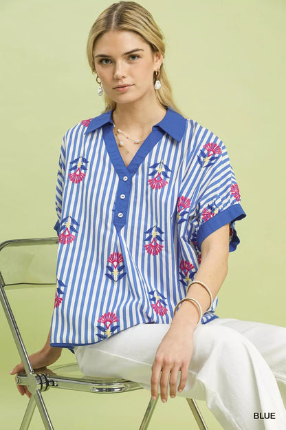 Umgee Stripe Embroidered Button - Front Boho Blouse - | VivaMix StoreUmgee Stripe Embroidered Button - Front Boho Blouse - VivaMix Store
