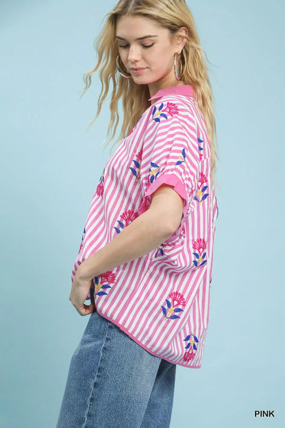 Umgee Stripe Embroidered Button - Front Boho Blouse - | VivaMix StoreUmgee Stripe Embroidered Button - Front Boho Blouse - VivaMix Store