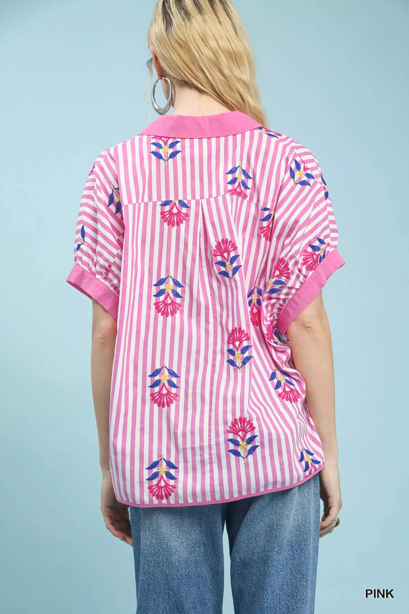 Umgee Stripe Embroidered Button - Front Boho Blouse - | VivaMix StoreUmgee Stripe Embroidered Button - Front Boho Blouse - VivaMix Store