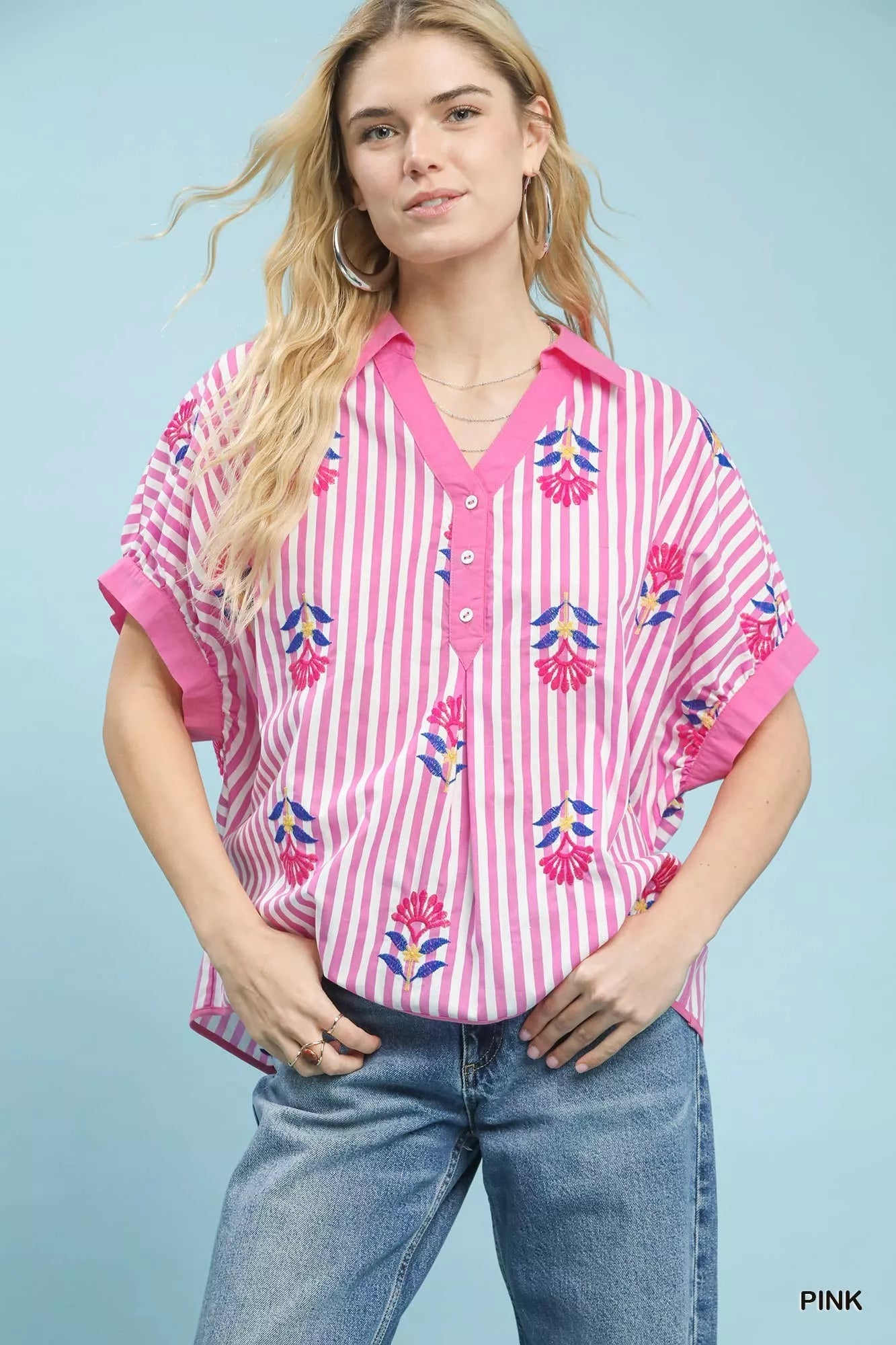 Umgee Stripe Embroidered Button - Front Boho Blouse - | VivaMix StoreUmgee Stripe Embroidered Button - Front Boho Blouse - VivaMix Store