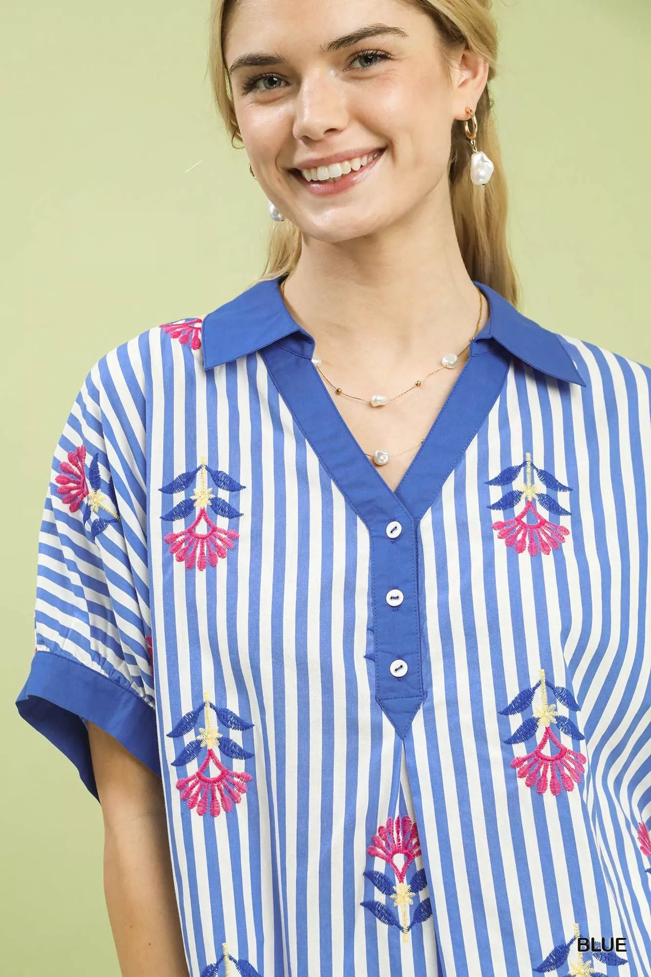Umgee Stripe Embroidered Button - Front Boho Blouse - | VivaMix StoreUmgee Stripe Embroidered Button - Front Boho Blouse - VivaMix Store