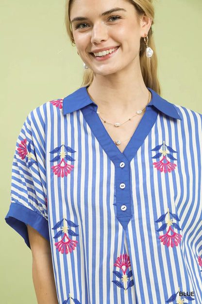 Umgee Stripe Embroidered Button - Front Boho Blouse - | VivaMix StoreUmgee Stripe Embroidered Button - Front Boho Blouse - VivaMix Store