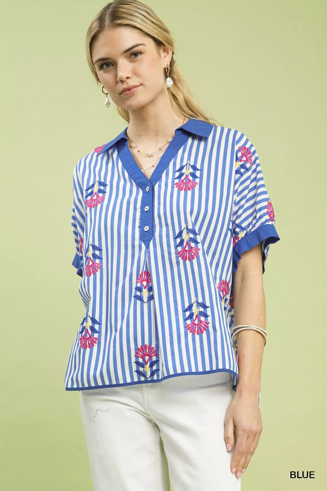 Umgee Stripe Embroidered Button - Front Boho Blouse - | VivaMix StoreUmgee Stripe Embroidered Button - Front Boho Blouse - VivaMix Store