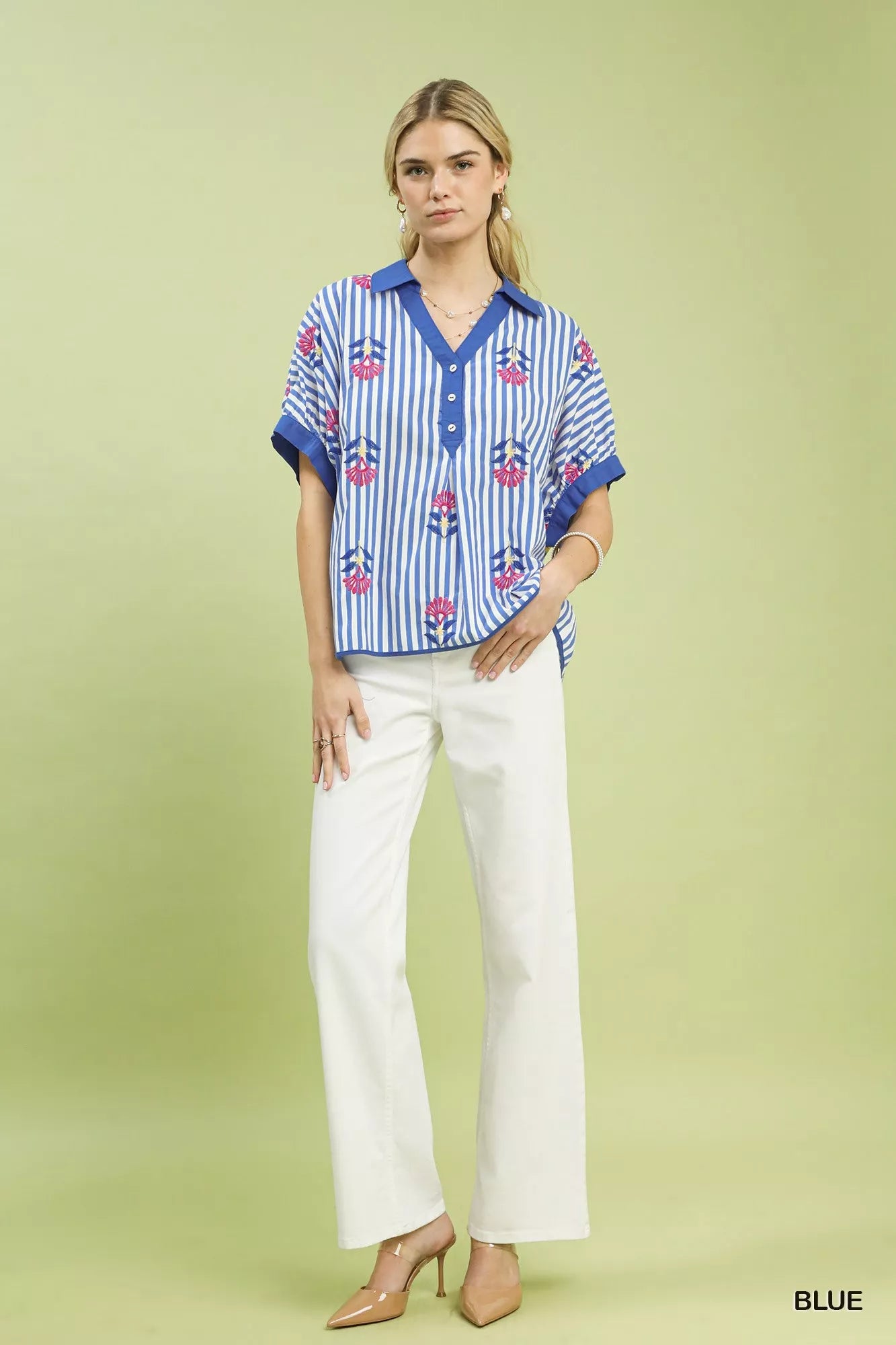 Umgee Stripe Embroidered Button - Front Boho Blouse - | VivaMix StoreUmgee Stripe Embroidered Button - Front Boho Blouse - VivaMix Store
