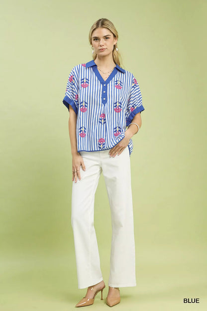 Umgee Stripe Embroidered Button - Front Boho Blouse - | VivaMix StoreUmgee Stripe Embroidered Button - Front Boho Blouse - VivaMix Store